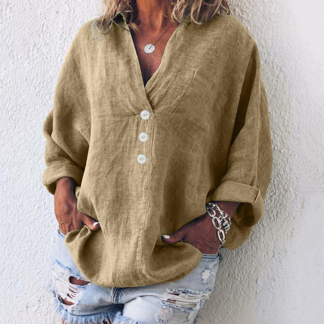 Amelia | Women's Relaxed-Fit Linen Button-Up Sweater Top