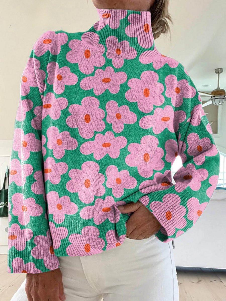 Madison | Women's Relaxed-Fit Floral Knit Turtleneck Sweater