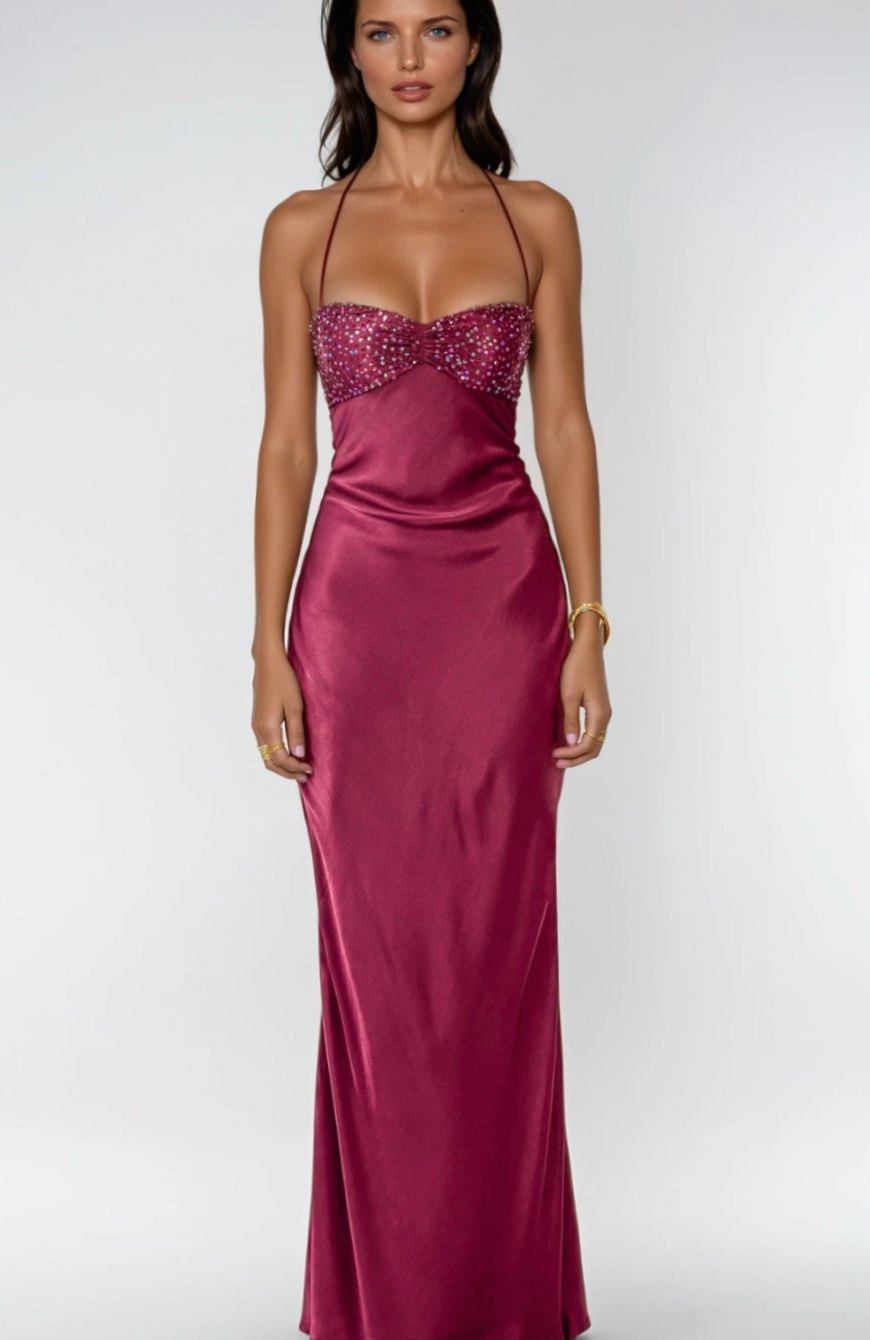 Ava | Women's Rhinestone-Embellished Halter-Neck Satin Maxi Dress
