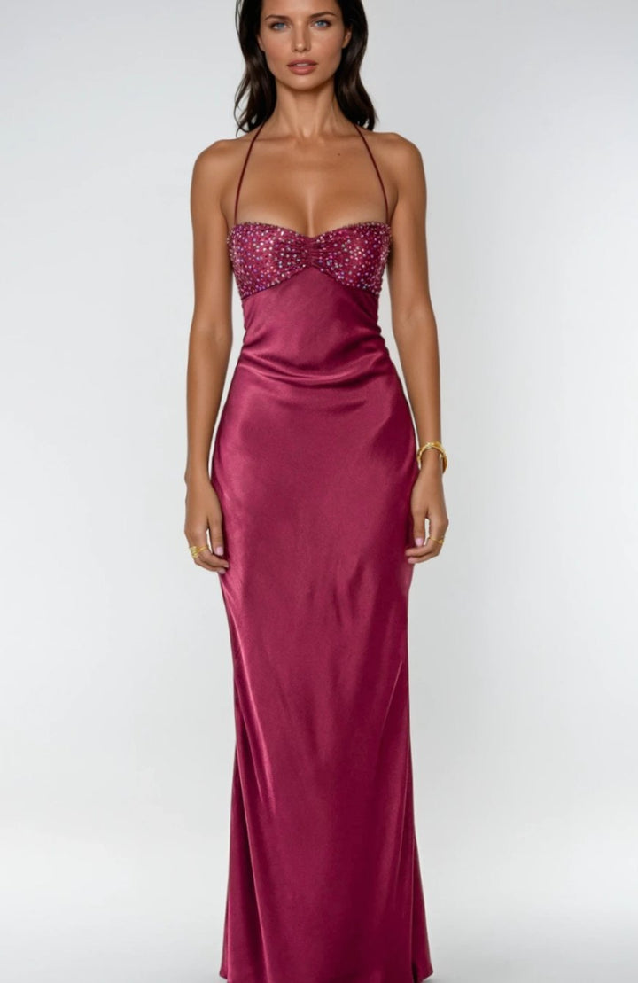 Ava | Women's Rhinestone-Embellished Halter-Neck Satin Maxi Dress