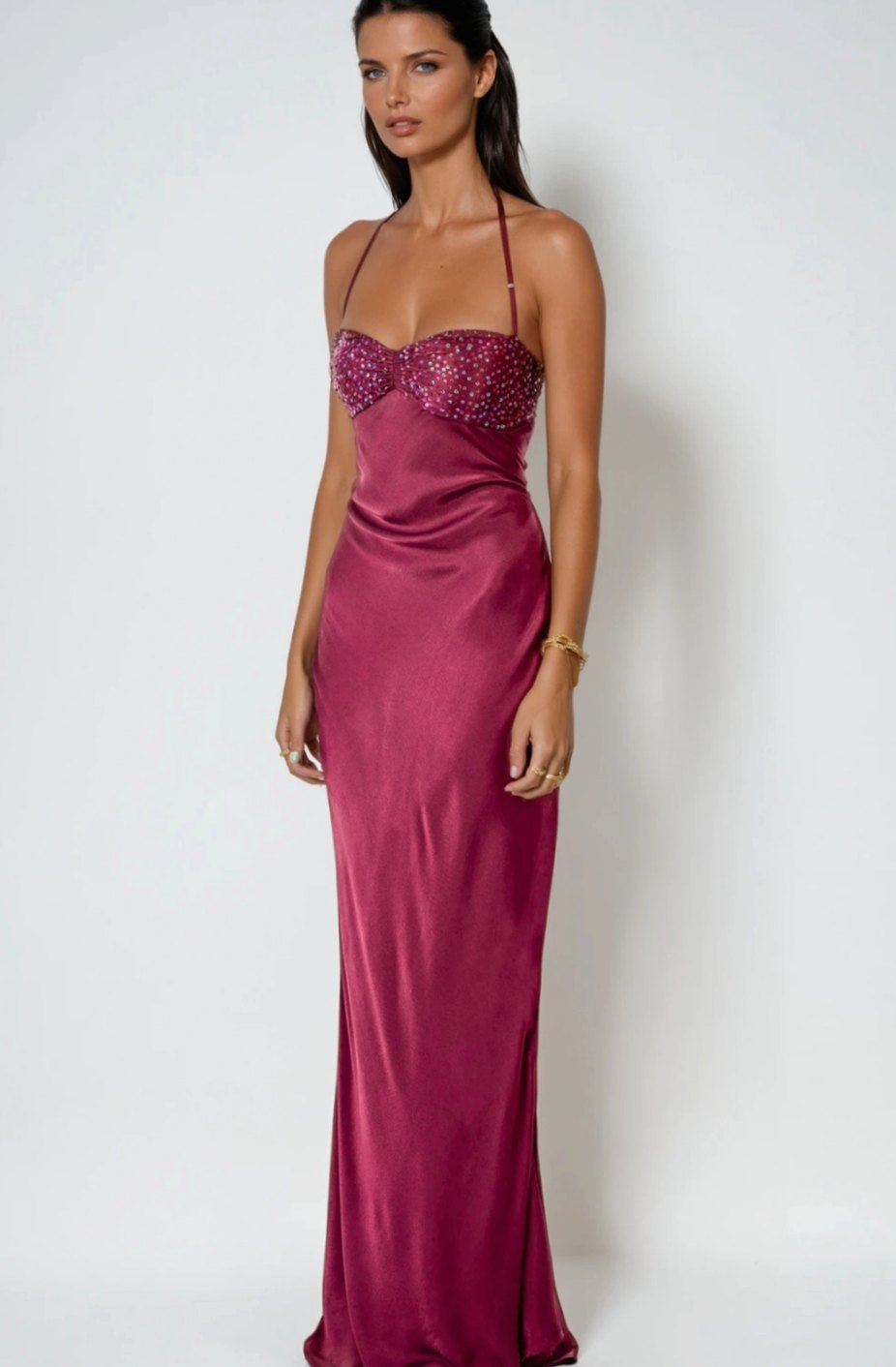 Ava | Women's Rhinestone-Embellished Halter-Neck Satin Maxi Dress
