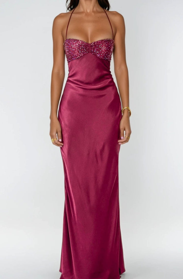 Ava | Women's Rhinestone-Embellished Halter-Neck Satin Maxi Dress