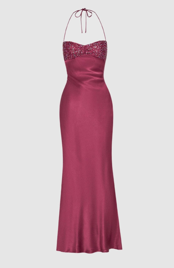 Ava | Women's Rhinestone-Embellished Halter-Neck Satin Maxi Dress