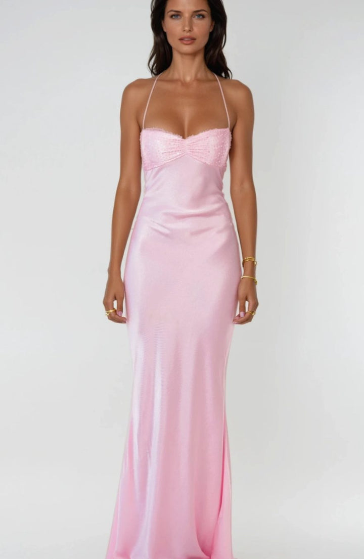 Ava | Women's Rhinestone-Embellished Halter-Neck Satin Maxi Dress