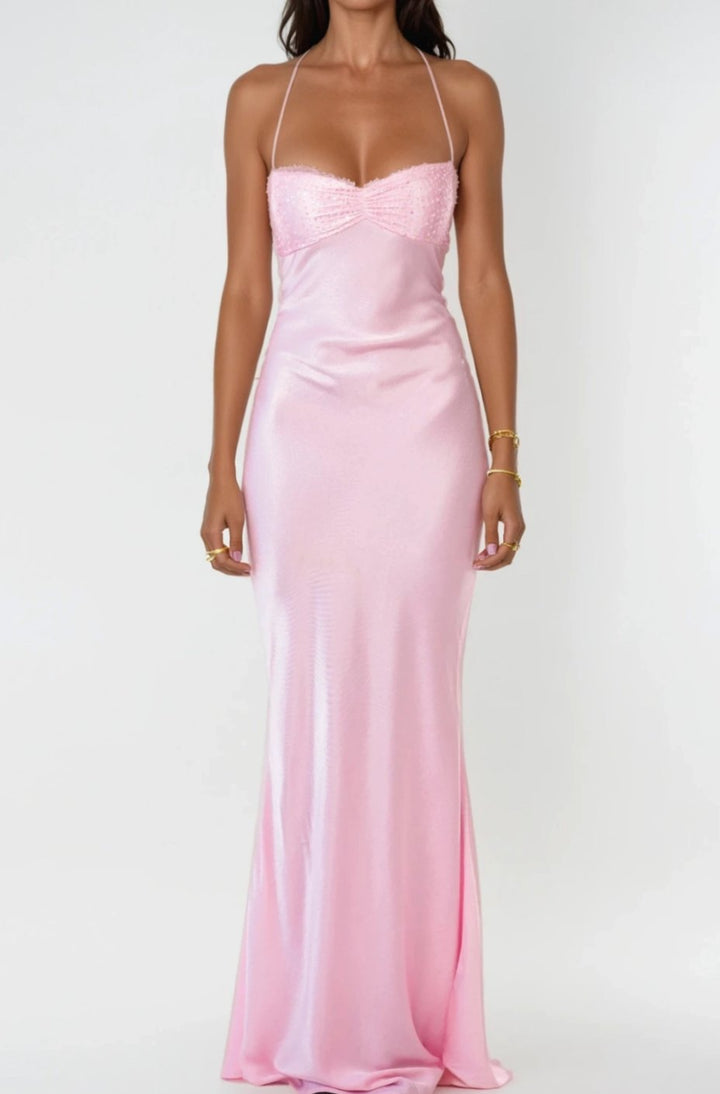 Ava | Women's Rhinestone-Embellished Halter-Neck Satin Maxi Dress