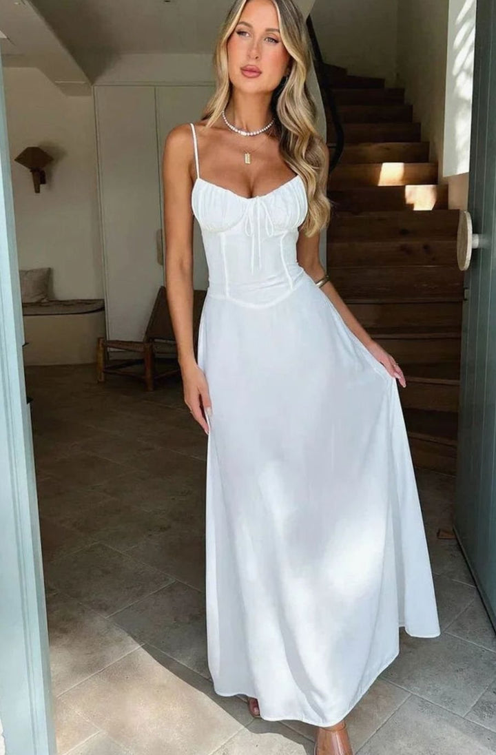 Hazel | Women's Ruched Bustier Adjustable-Strap Maxi Dress