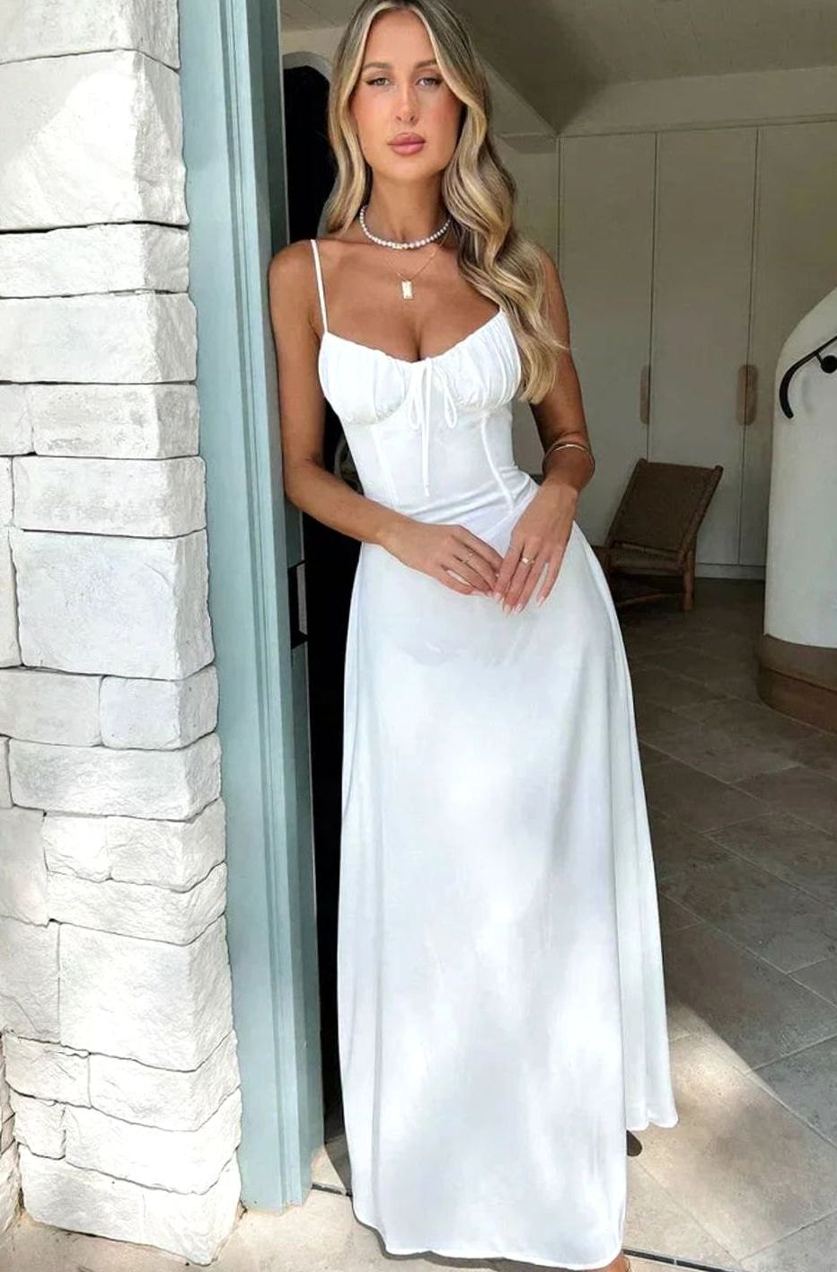 Hazel | Women's Ruched Bustier Adjustable-Strap Maxi Dress