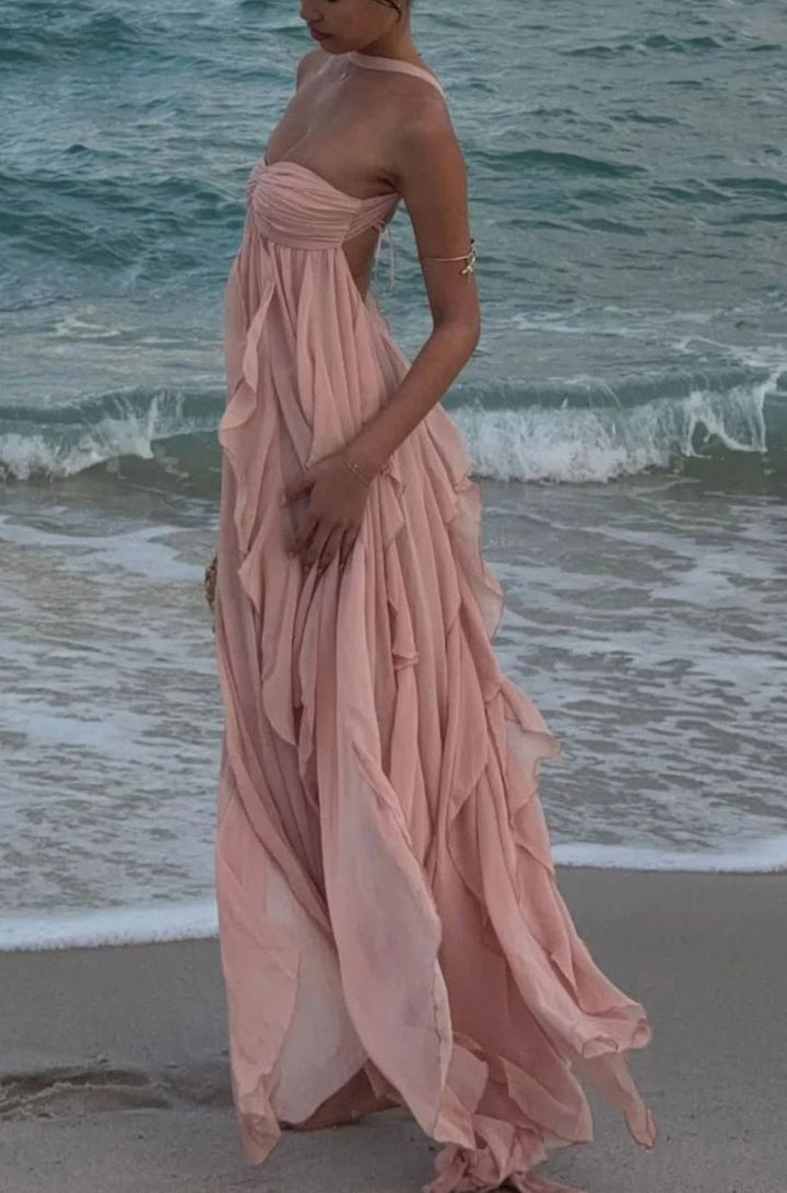 Zoey | Women's Ruffled Halter-Neck Chiffon Pink Maxi Dress