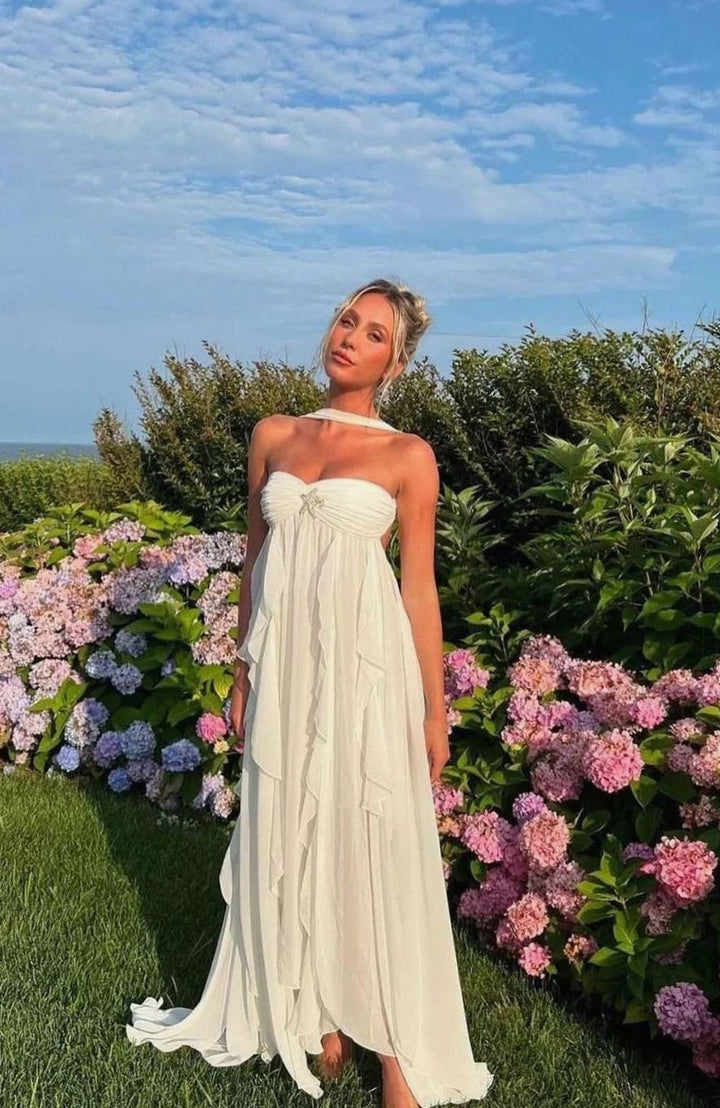 Zoey | Women's Ruffled Halter-Neck Chiffon Pink Maxi Dress