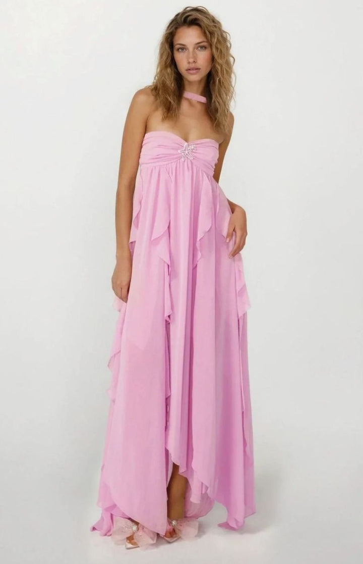 Zoey | Women's Ruffled Halter-Neck Chiffon Pink Maxi Dress