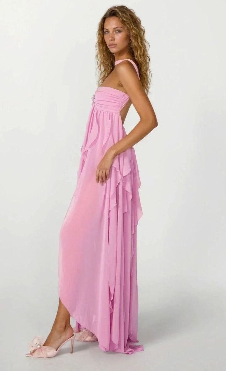 Zoey | Women's Ruffled Halter-Neck Chiffon Pink Maxi Dress