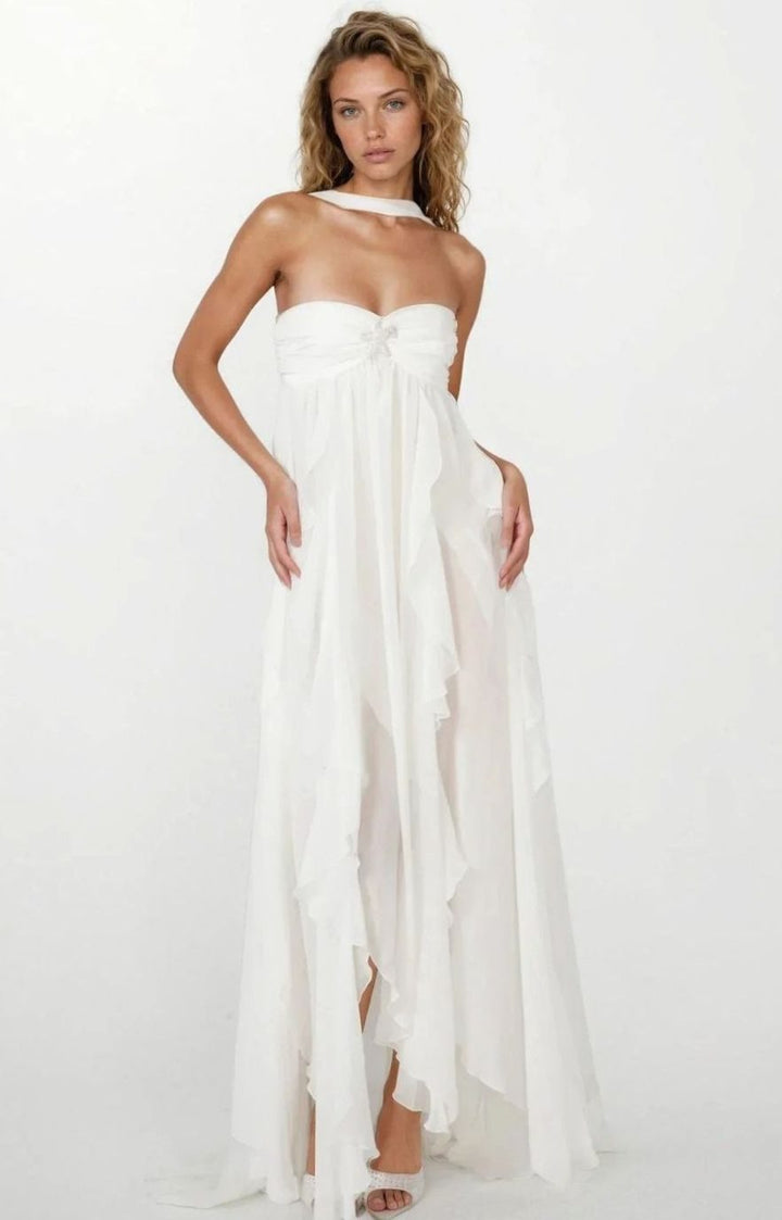 Zoey | Women's Ruffled Halter-Neck Chiffon Pink Maxi Dress