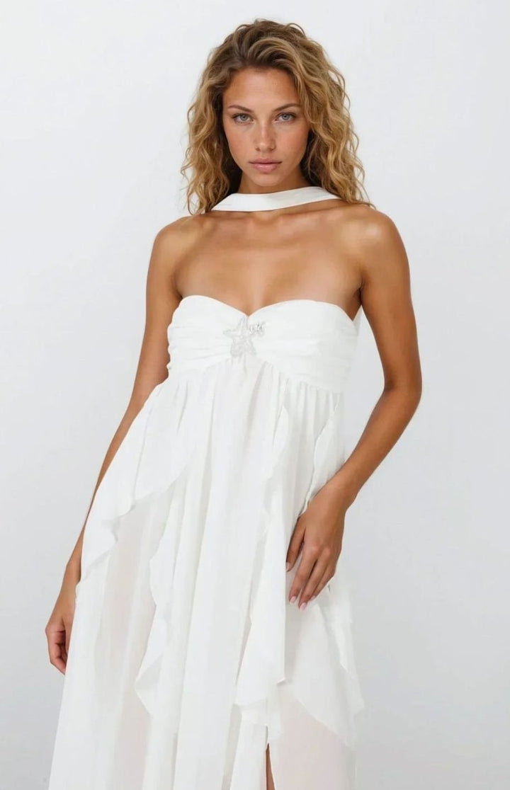 Zoey | Women's Ruffled Halter-Neck Chiffon Pink Maxi Dress