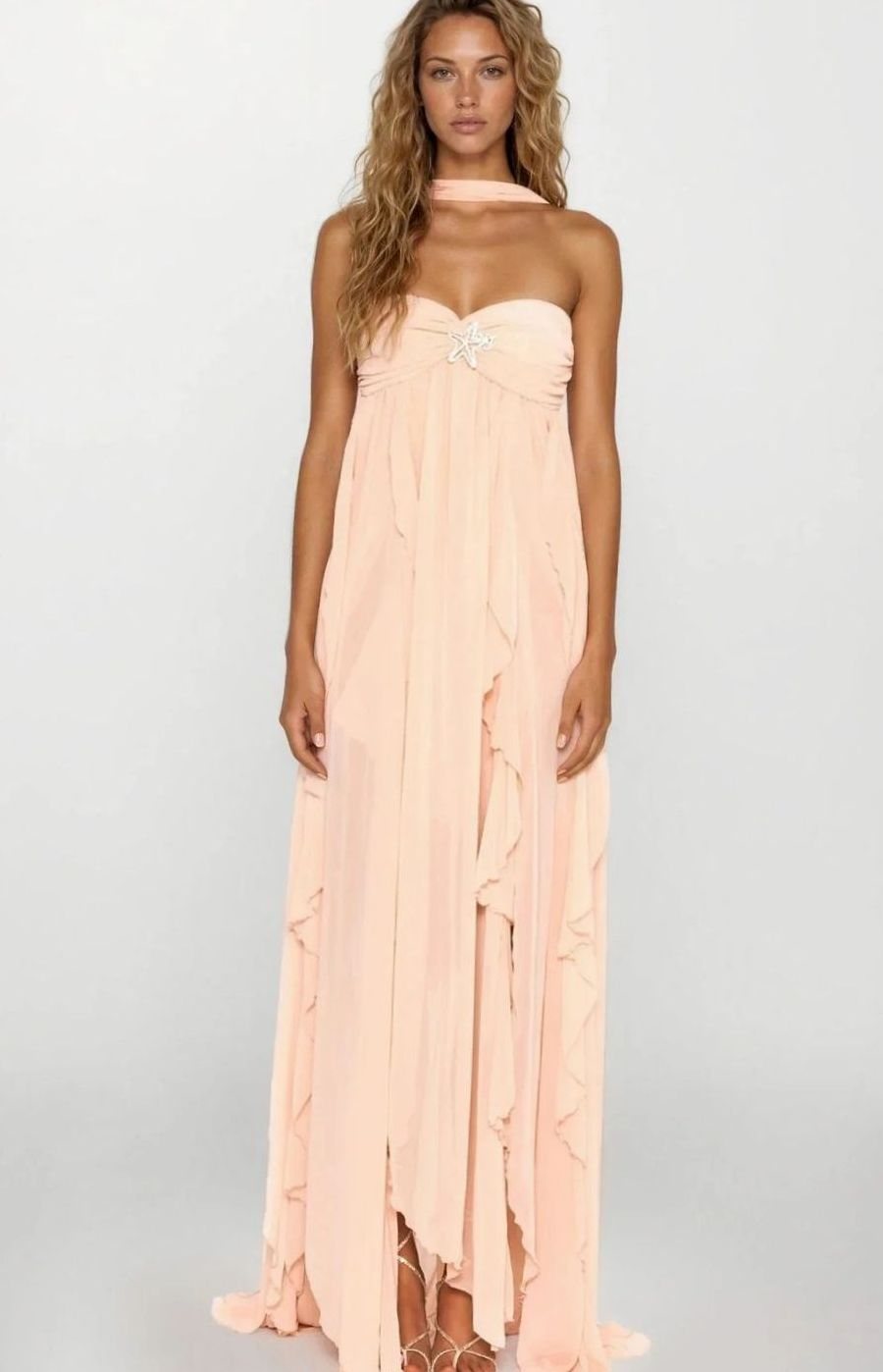 Zoey | Women's Ruffled Halter-Neck Chiffon Pink Maxi Dress