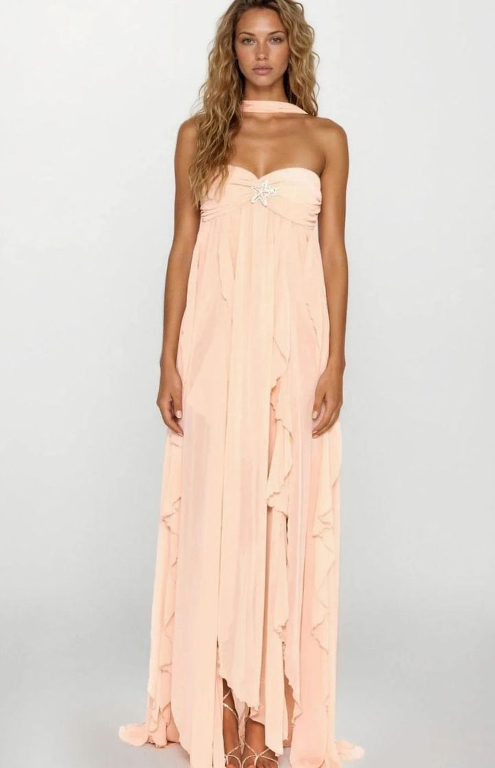Zoey | Women's Ruffled Halter-Neck Chiffon Pink Maxi Dress