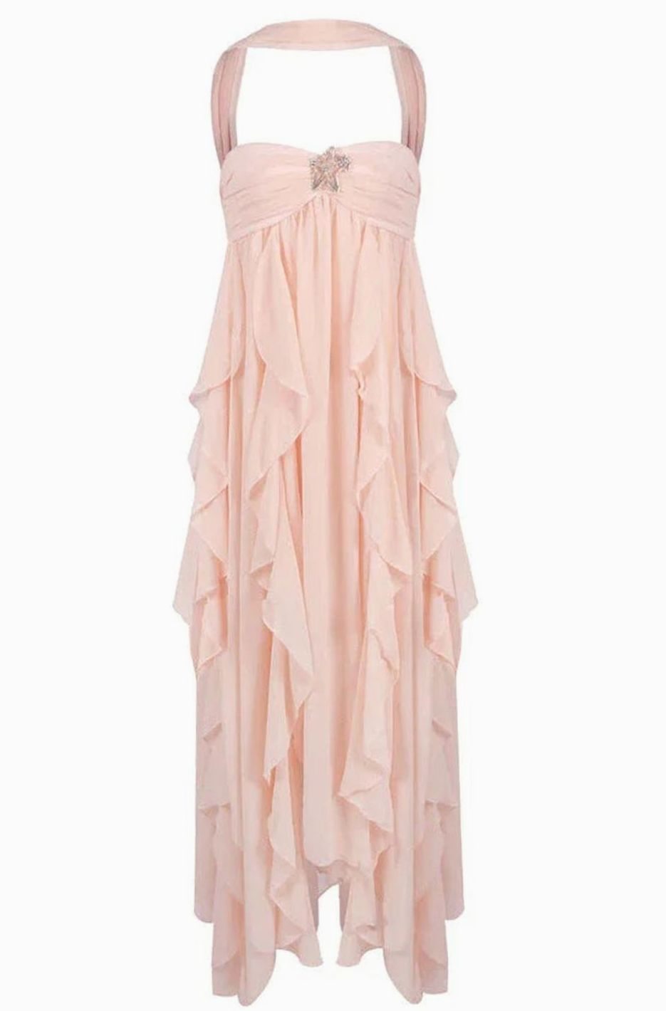 Zoey | Women's Ruffled Halter-Neck Chiffon Pink Maxi Dress