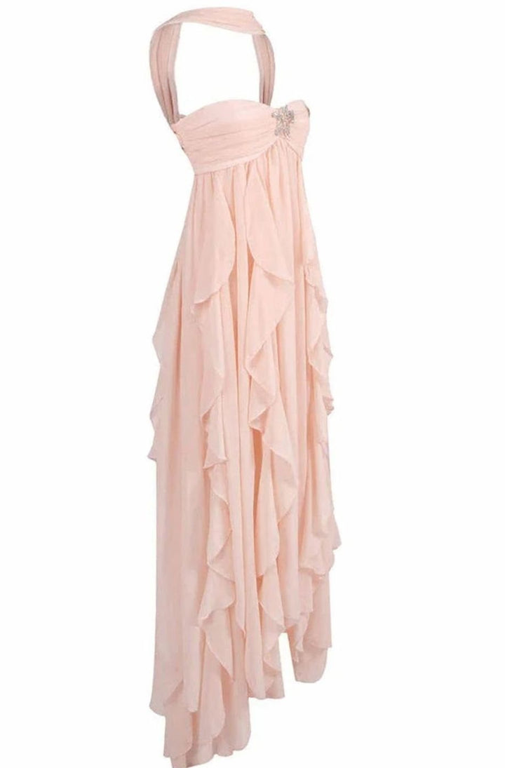 Zoey | Women's Ruffled Halter-Neck Chiffon Pink Maxi Dress