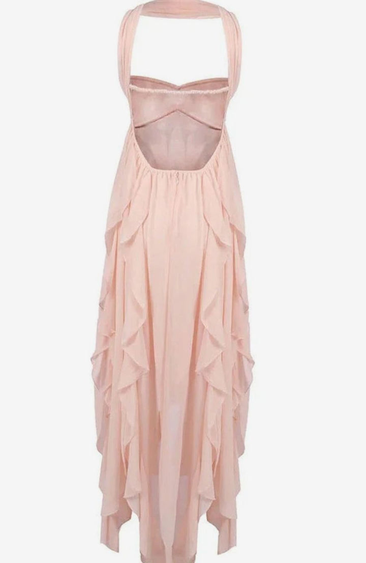 Zoey | Women's Ruffled Halter-Neck Chiffon Pink Maxi Dress