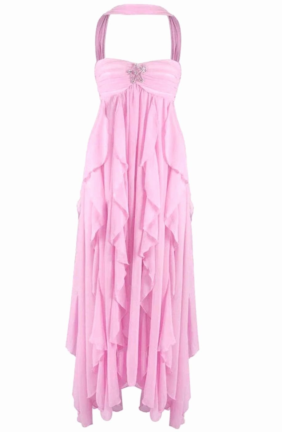 Zoey | Women's Ruffled Halter-Neck Chiffon Pink Maxi Dress