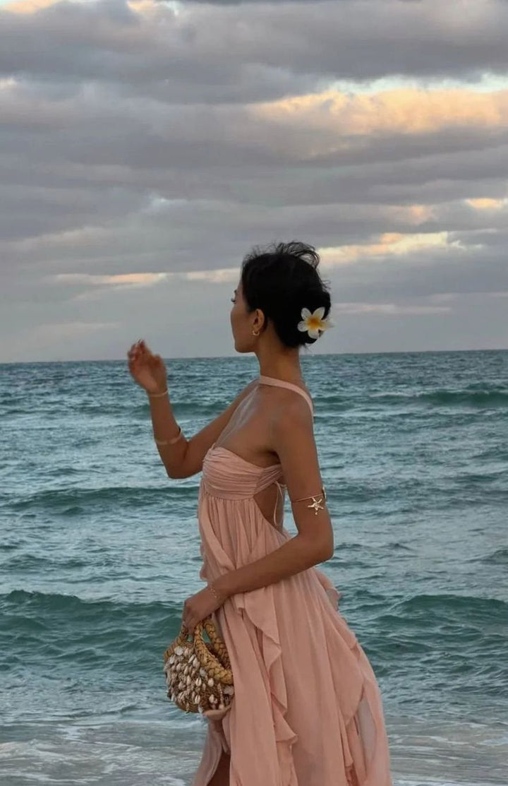 Zoey | Women's Ruffled Halter-Neck Chiffon Pink Maxi Dress
