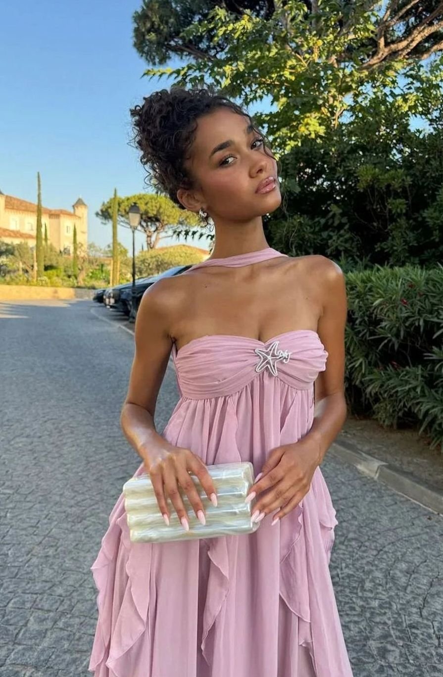 Zoey | Women's Ruffled Halter-Neck Chiffon Pink Maxi Dress