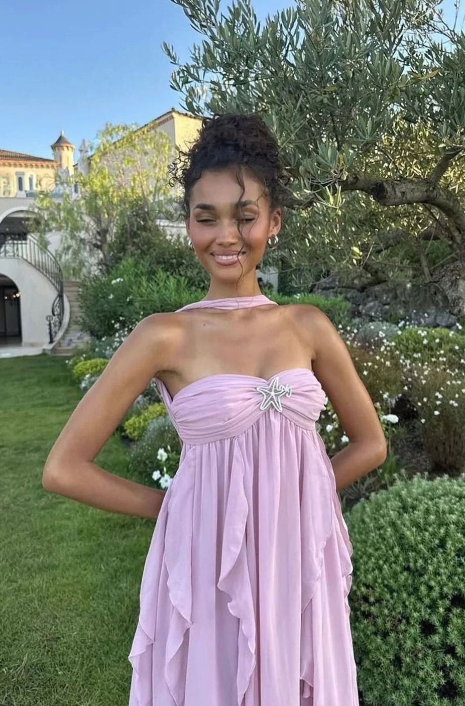 Zoey | Women's Ruffled Halter-Neck Chiffon Pink Maxi Dress