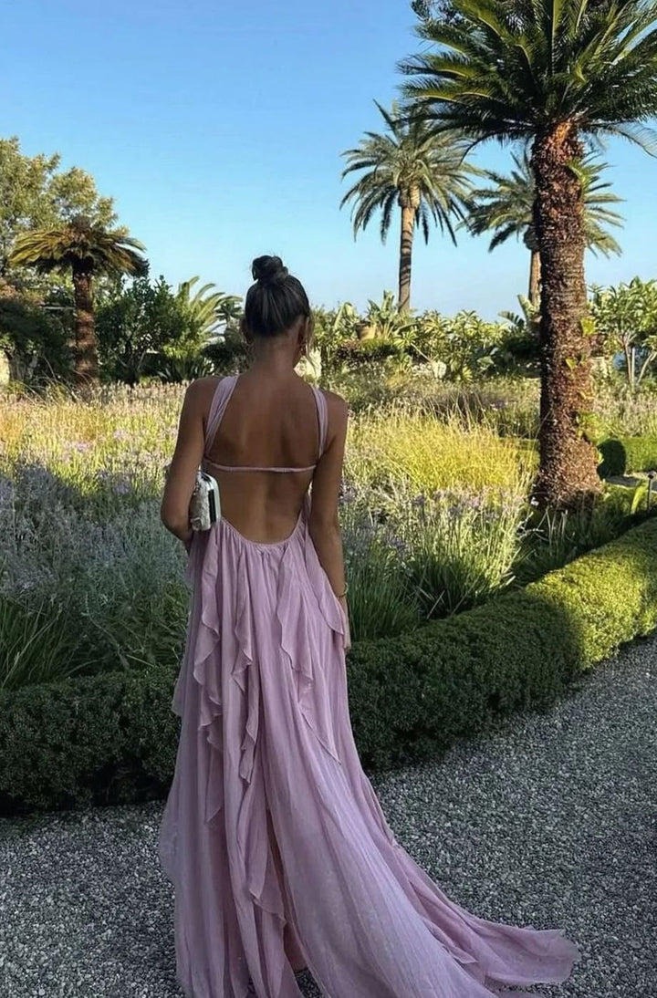 Zoey | Women's Ruffled Halter-Neck Chiffon Pink Maxi Dress