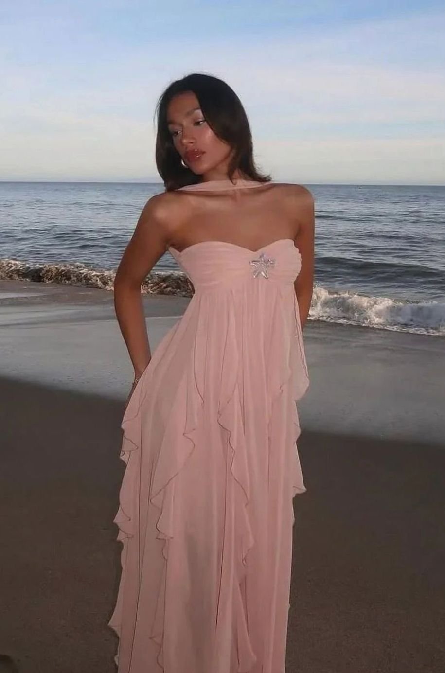 Zoey | Women's Ruffled Halter-Neck Chiffon Pink Maxi Dress