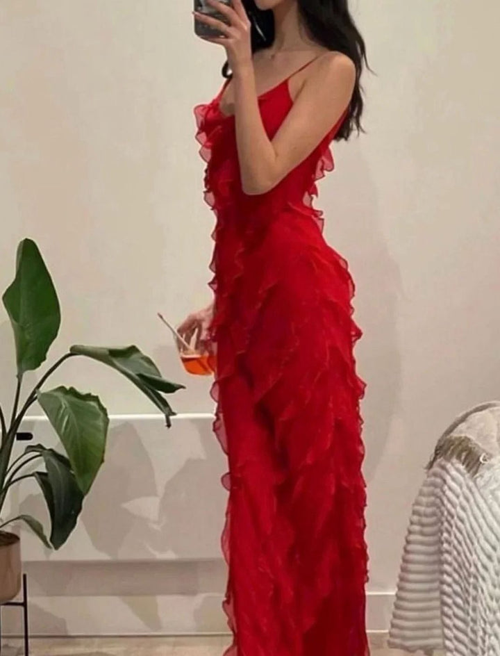 Charlotte | Women's Ruffled Spaghetti-Strap Formal Maxi Wedding Guest Dress