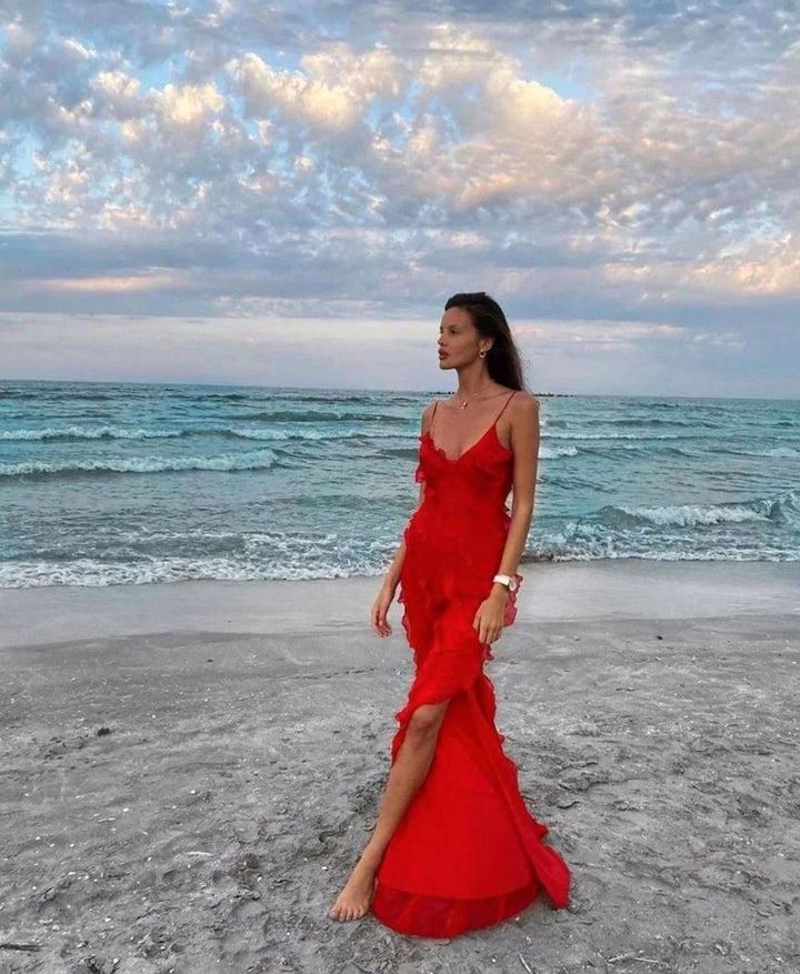 Charlotte | Women's Ruffled Spaghetti-Strap Formal Maxi Wedding Guest Dress