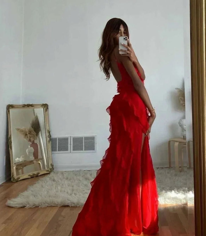 Charlotte | Women's Ruffled Spaghetti-Strap Formal Maxi Wedding Guest Dress