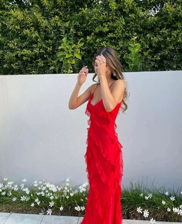 Charlotte | Women's Ruffled Spaghetti-Strap Formal Maxi Wedding Guest Dress