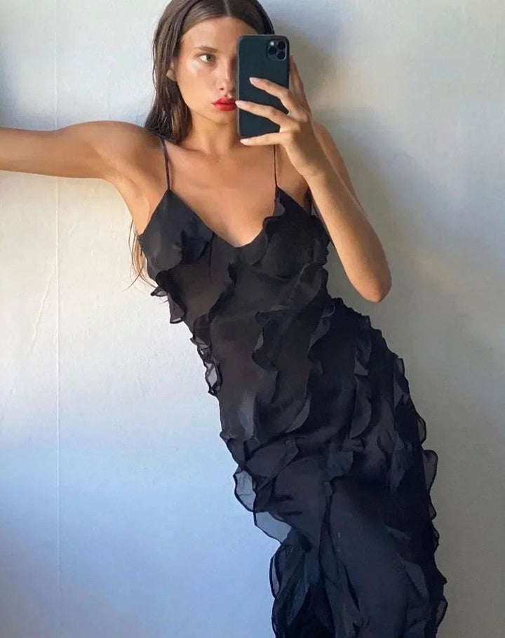 Charlotte | Women's Ruffled Spaghetti-Strap Formal Maxi Wedding Guest Dress