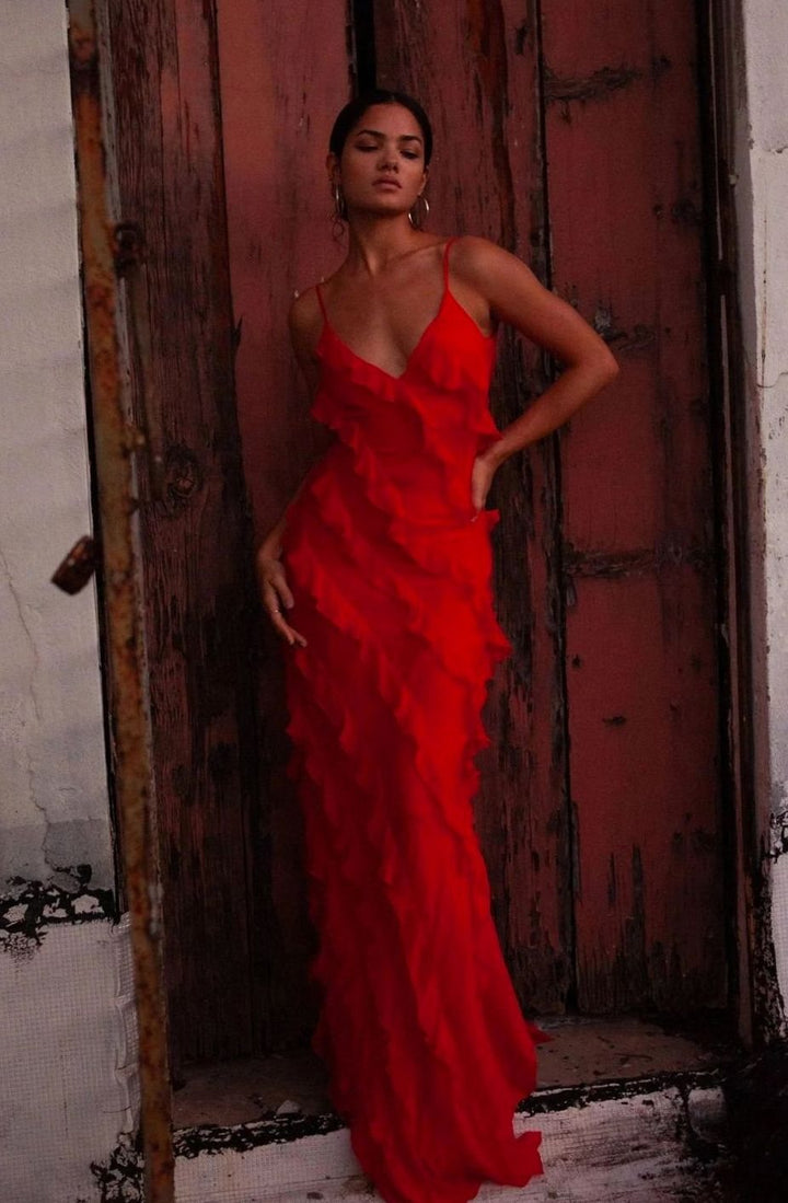 Charlotte | Women's Ruffled Spaghetti-Strap Formal Maxi Wedding Guest Dress