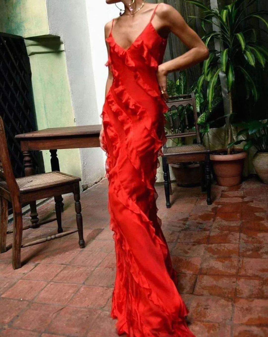 Charlotte | Women's Ruffled Spaghetti-Strap Formal Maxi Wedding Guest Dress