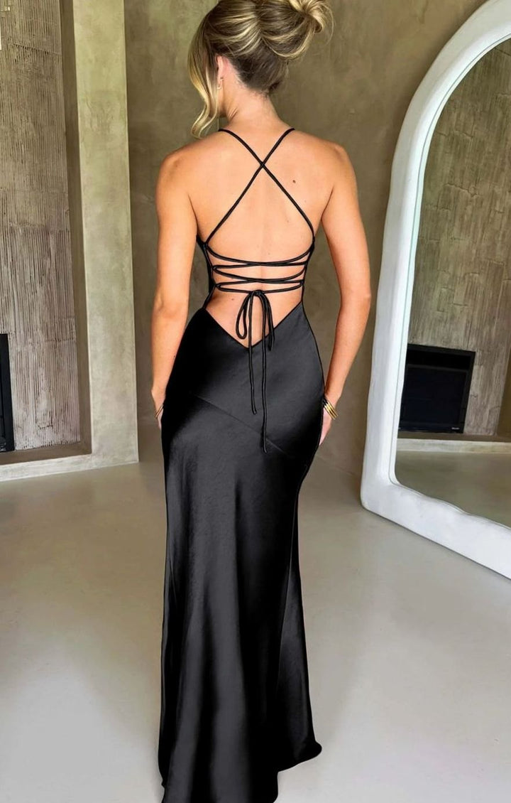 Hazel | Women's Satin Evening Maxi Dress V-Neck Halter High-Slit Gown