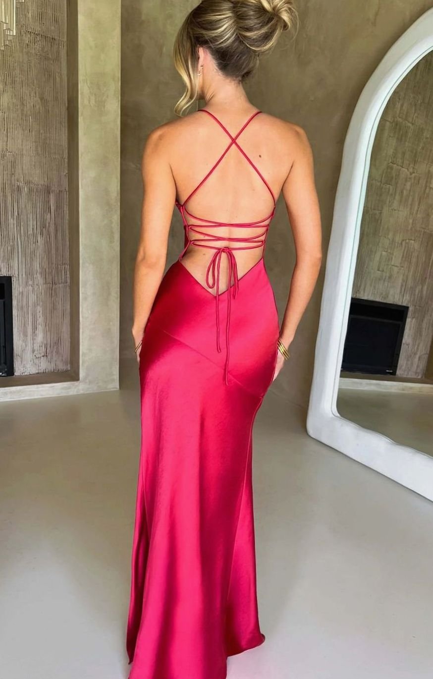 Hazel | Women's Satin Evening Maxi Dress V-Neck Halter High-Slit Gown