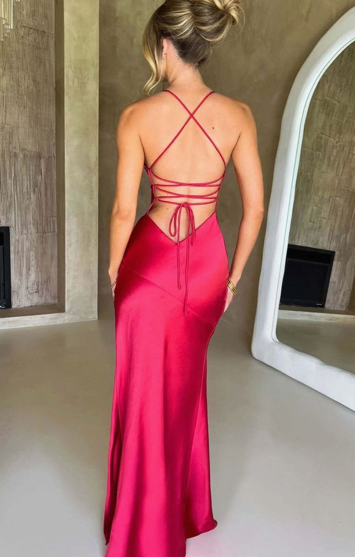 Hazel | Women's Satin Evening Maxi Dress V-Neck Halter High-Slit Gown