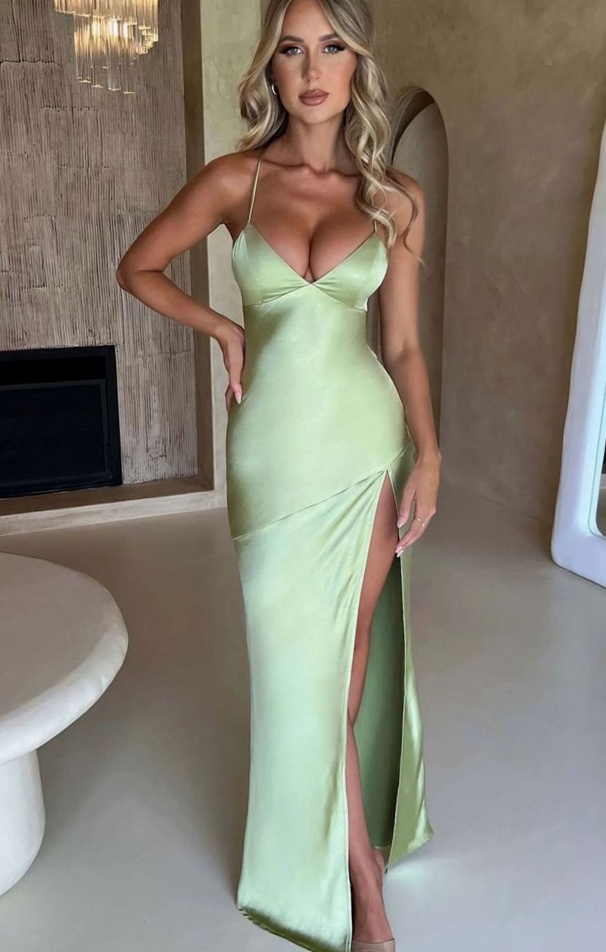 Hazel | Women's Satin Evening Maxi Dress V-Neck Halter High-Slit Gown