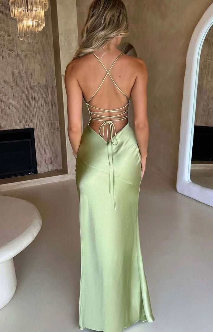 Hazel | Women's Satin Evening Maxi Dress V-Neck Halter High-Slit Gown