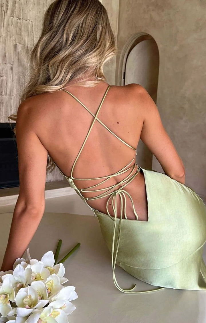 Hazel | Women's Satin Evening Maxi Dress V-Neck Halter High-Slit Gown