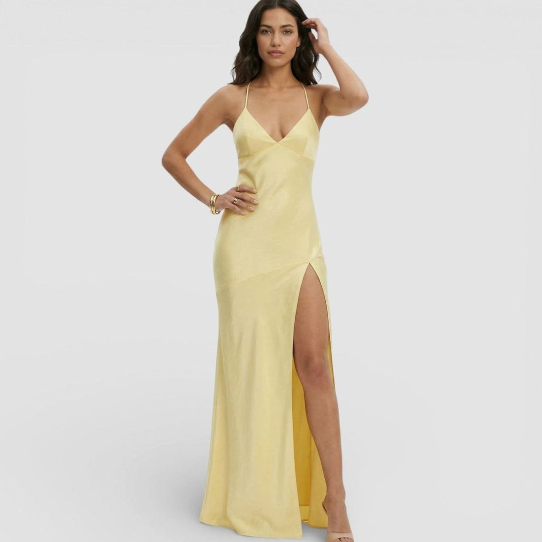 Riley | Women's Satin-Finish V-Neck High-Slit Maxi Dress