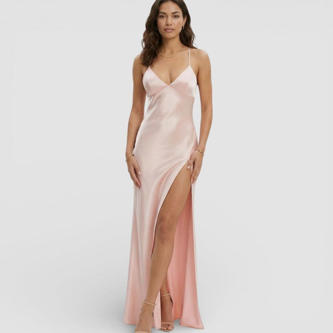 Riley | Women's Satin-Finish V-Neck High-Slit Maxi Dress