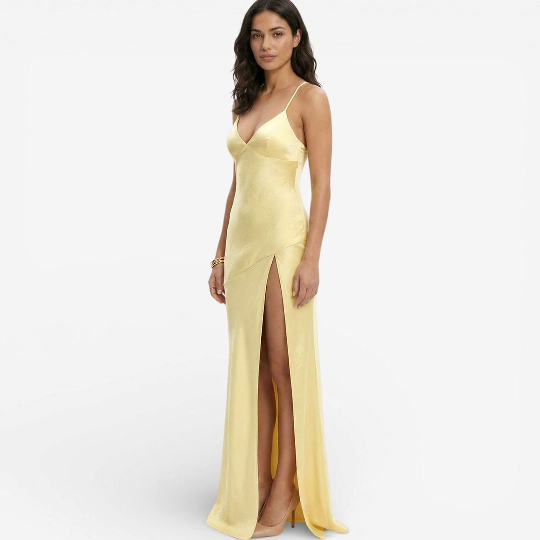 Riley | Women's Satin-Finish V-Neck High-Slit Maxi Dress