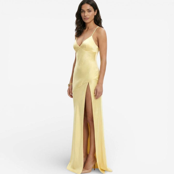 Riley | Women's Satin-Finish V-Neck High-Slit Maxi Dress