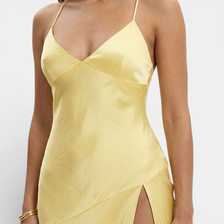 Riley | Women's Satin-Finish V-Neck High-Slit Maxi Dress