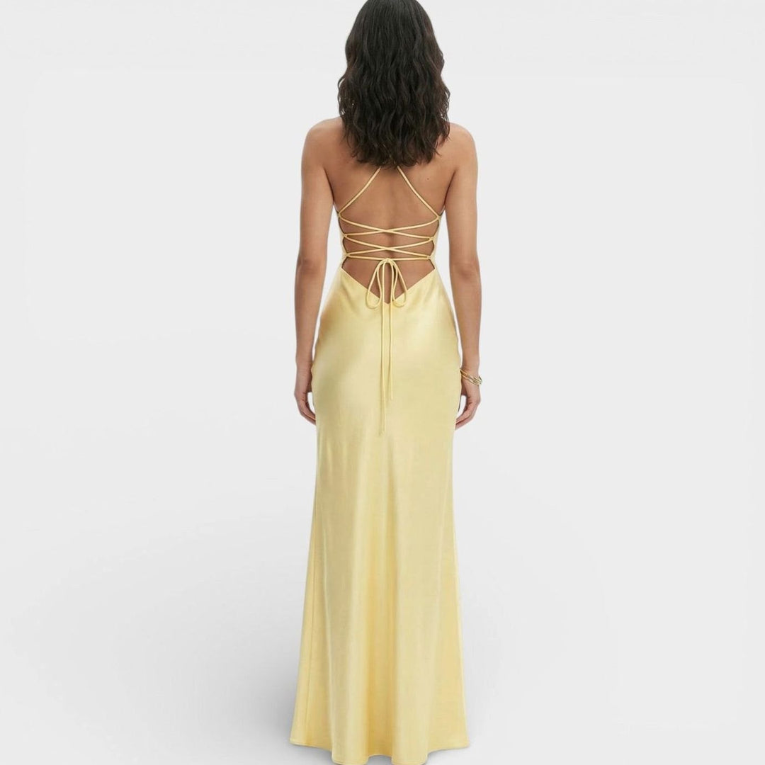Riley | Women's Satin-Finish V-Neck High-Slit Maxi Dress