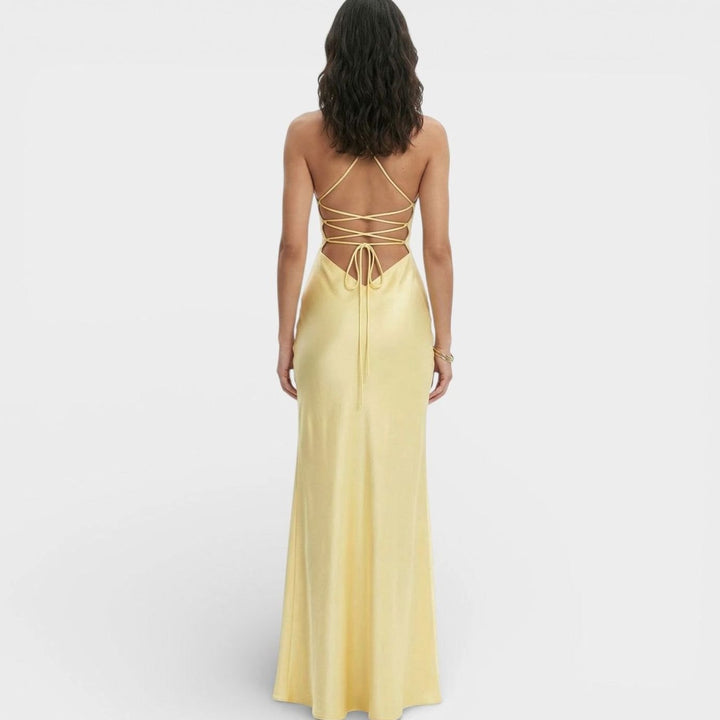 Riley | Women's Satin-Finish V-Neck High-Slit Maxi Dress