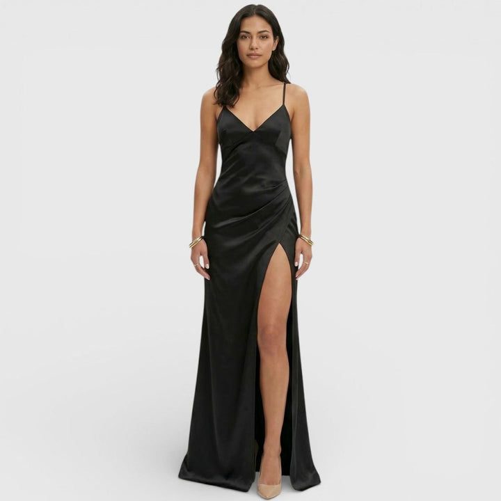Riley | Women's Satin-Finish V-Neck High-Slit Maxi Dress