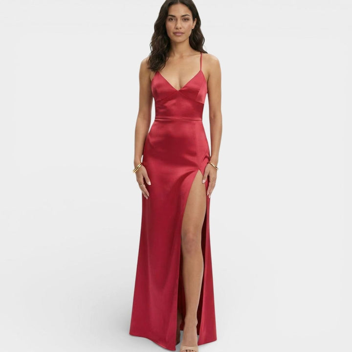Riley | Women's Satin-Finish V-Neck High-Slit Maxi Dress